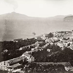 19th century vintage photograph: View of Sorrento, with some coming from the volcano