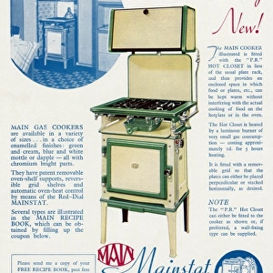 Advert for Main Mainstat gas cookers with hot plate 1938