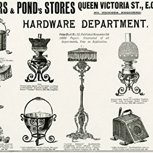 Advert for Spiers & Ponds stores, oil lamps 1898
