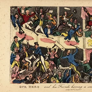 An audience rioting in the stalls in a Dublin theatre, 1821
