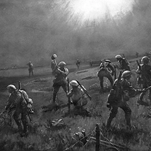 Barbed wire party freeze under enemy star shell, WW1