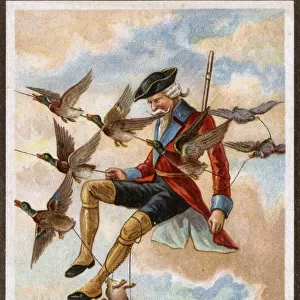 Baron Munchausen is towed through the air by ducks