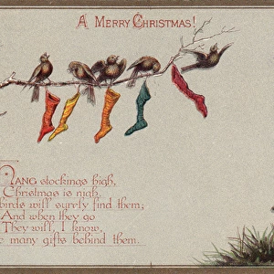 Birds and stockings on a Christmas card