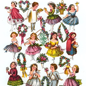 Boys, girls and flowers on twelve Victorian scraps