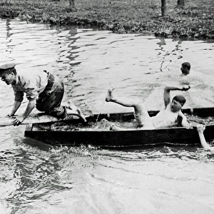British soldiers having fun in a boat, WW1