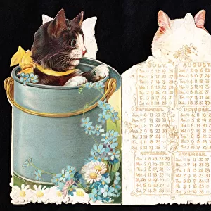 Cat in a can on a cutout calendar (July to December)