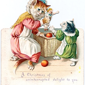 Cat, kitten and presents on a Christmas card