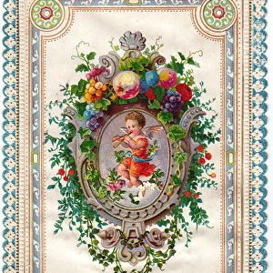 Cherub playing a pipe on a greetings card