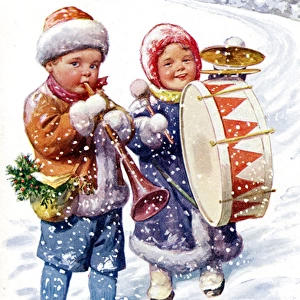 Children playing instruments in the snow