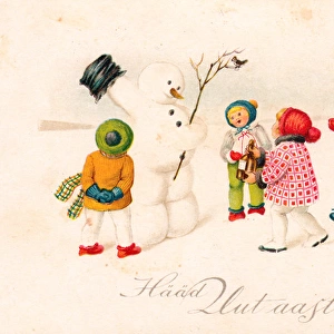 Children with snowman on an Estonian New Year postcard