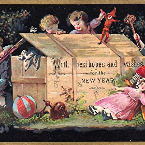 Children and toys on a New Year card
