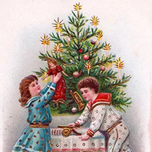 Children with tree on a German Christmas postcard