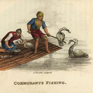Chinese men cormorant fishing on a raft in