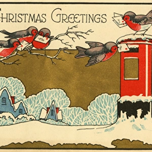 Christmas card, Robins posting Christmas Greetings