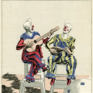 At the circus, two clowns playing musical instruments 1888