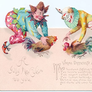 Two clowns with cockerels on a New Year card