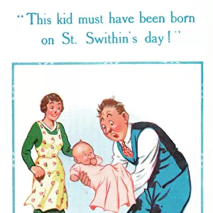 Comic postcard, born on St Swithins Day
