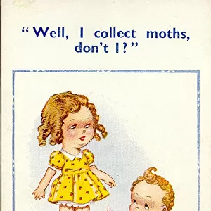 Comic postcard, Boy and girl with book - Advice to Young Mothers Date: 20th century