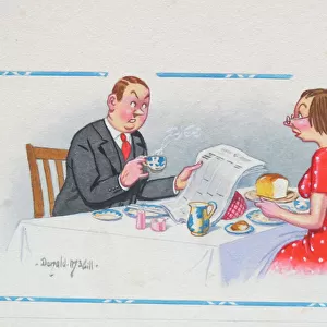 Comic postcard, Couple at the breakfast table