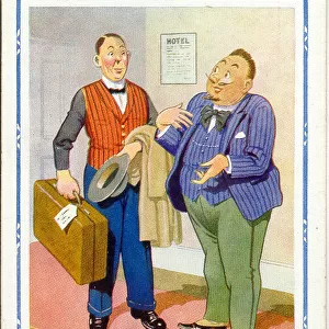 Comic postcard, French guest and hotel porter Date: 20th century