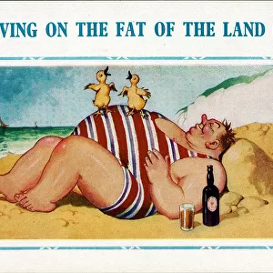 Comic postcard, Man with ducklings on the beach Date: 20th century