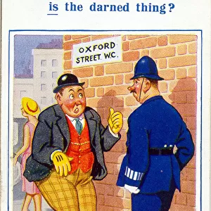 Comic postcard, Man looks for toilet in Oxford Street