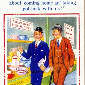 Comic postcard, Men walk past shop window Date: 20th century