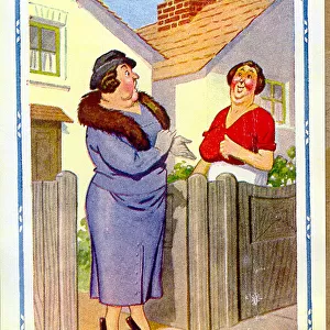 Comic postcard, Neighbours chatting at the gate Date: 20th century