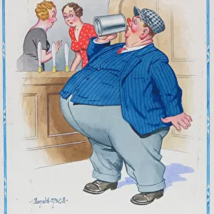 Comic postcard, Obese man drinking in pub