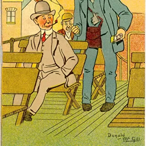Comic postcard, Passenger on top deck of bus talks to conductor Date: 20th century