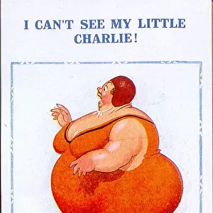 Comic postcard - plump woman on beach - I Can t See My Little Charlie Date