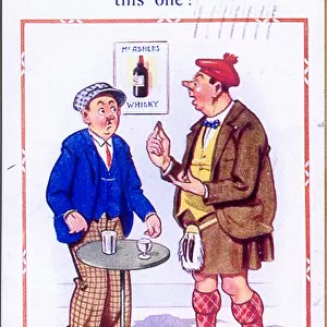 Comic postcard, Scotsman drinking in a pub