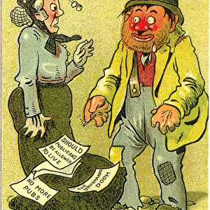 Comic postcard, Temperance woman and drunkard Date: 20th century