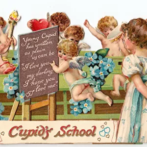 Cupids at school with hearts and flowers on a Valentine card