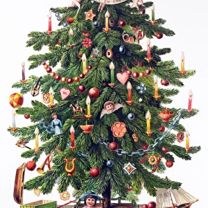 Decorated Christmas tree with toys and food below