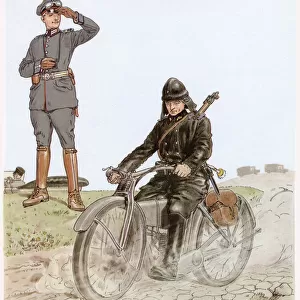 A despatch rider of the Wurttemberg forces of the German army speeds along on his