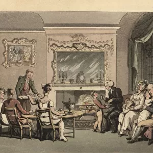 English gentleman, wife and children relaxing in the parlour