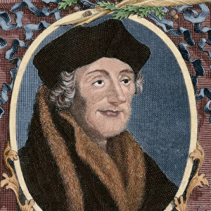 Erasmus of Rotterdam (1466-1536). Engraving. Colored