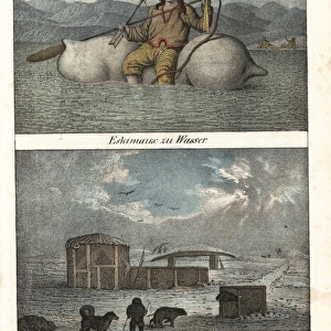 Eskimo or Inuit man riding a raft, and huts
