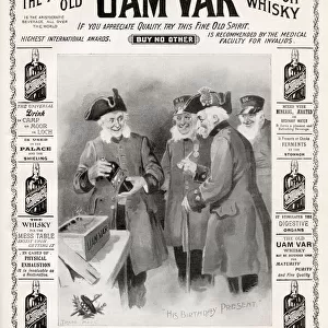 The Famous Old Uam Var Scotch Whisky. Advert featuring a birthday among the Chelsea