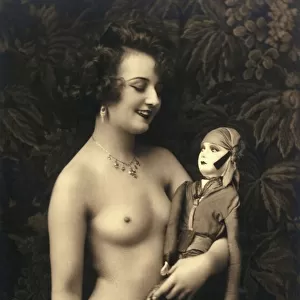 Fantasy French postcard - Nude woman and doll