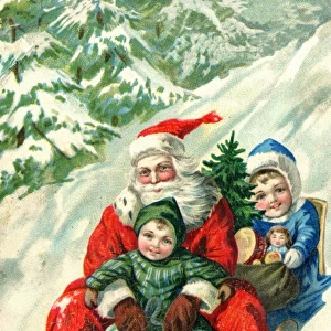 Father Christmas in sledge with children