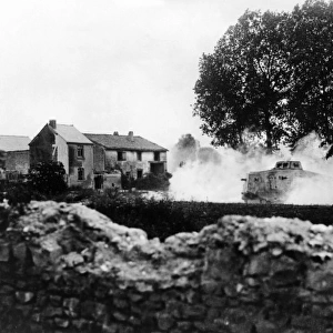 German tank outside village on Western Front, WW1
