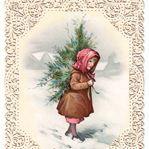Girl carrying tree through snow on a New Year card