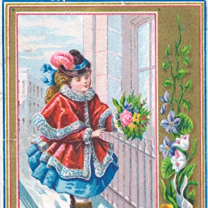 Girl with flowers and robin on a New Year card