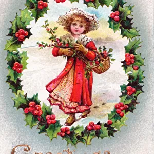 Girl in the snow on a Christmas postcard