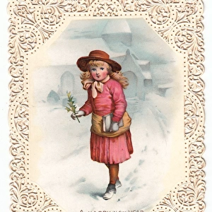 Girl in the snow on a New Year card
