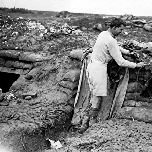 Gordon Highlander cleaning his kit, Western Front, WW1