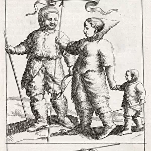 GREENLANDERS An eskimo family, and a hunter in his kayak. Date: 1719