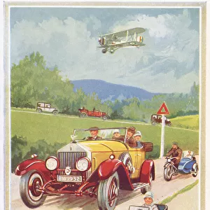 Happy motorists, large and small, on a country road. Date: circa 1933
